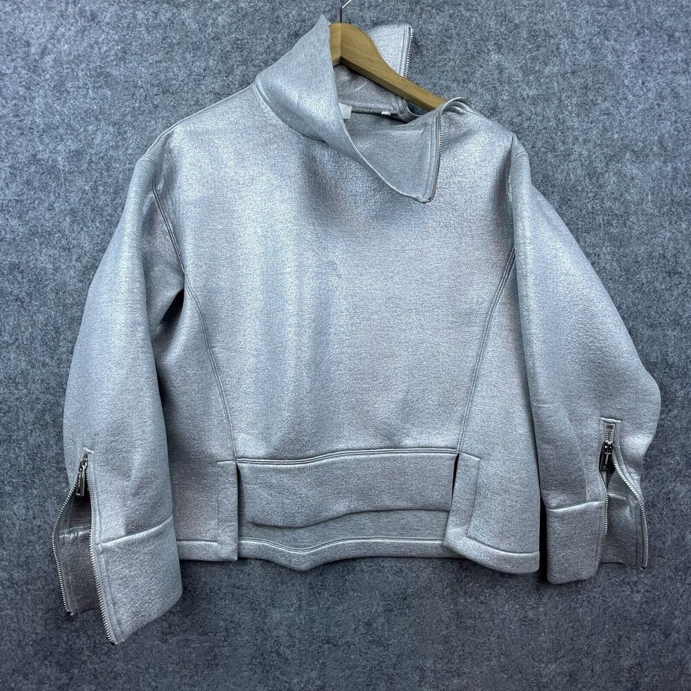 Sportmax‎ Sweatshirt Small Silver Cropped Zip Futuristic Metallic Athleisure Gym